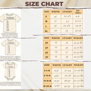 May include: A size chart for youth, toddler, and bodysuit clothing. The chart includes measurements for width, length, and weight in inches and pounds. The text "SIZE CHART" is at the top of the image.