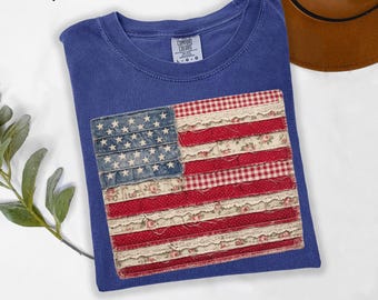 Chemise américaine imitation patchwork Comfort Colors®, chemise 4 juillet, chemise drapeau américain rétro, chemise patriotique, chemise 4 juillet, chemise drapeau des États-Unis