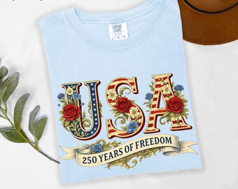 USA 250 Years of Freedom T-Shirt, Vintage Floral Patriotic Graphic Tee, Soft Comfortable Casual Shirt, 4th of July Outfit