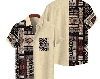 Herren Tribal Muster Hawaiihemd, Beige Geometrische Knopfleiste, Boho Strand Urlaub Camp Shirt, Sommer Resort Aloha Casual Top für Männer
