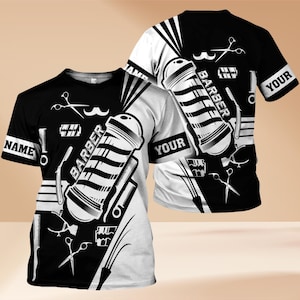 Custom Name Barber Shop T-Shirt: Barber Pole Graphic Tee