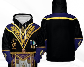 Puede incluir: Sudadera con capucha negra con símbolos masónicos. La parte delantera presenta bordados dorados, detalles en azul y un diseño de delantal blanco. La parte trasera es negra lisa con una franja dorada y detalles en azul. El diseño incluye el texto "YOUR LODGE NAME" y un emblema masónico.