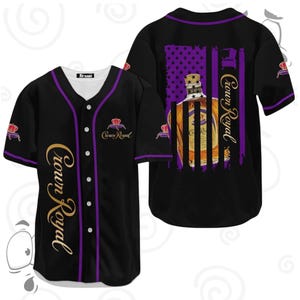 Crown Royal Baseball Jersey Shirt - Whisky Themed Unisex Shirt - Amerikanische Flaggen Krone Königliches Geschenk für Männer - Schwarz Lila Jersey