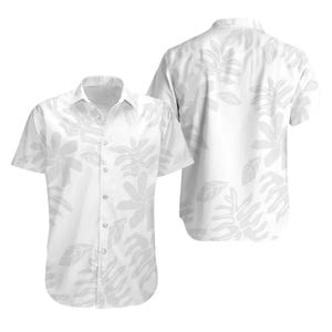 May include: White button-down short-sleeve shirt with a light gray floral pattern. The shirt is shown from the front and back, showcasing the design. The floral pattern is repeated across the entire shirt.