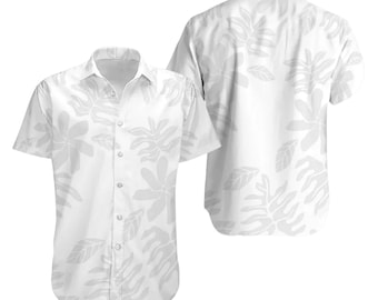 May include: White button-down short-sleeve shirt with a light gray floral pattern. The shirt is shown from the front and back, showcasing the design. The floral pattern is repeated across the entire shirt.