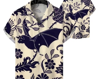 Fledermaus Blumen Hawaiihemd, Gothic Tropischer Button Up, Halloween Urlaub Aloha Shirt