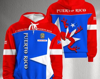 Personalized Puerto Rico Flag Hoodie, Custom Name Boricua Pullover, Coqui Frog Graphic Sweatshirt, Unisex AOP Caribbean Latino Pride Gift
