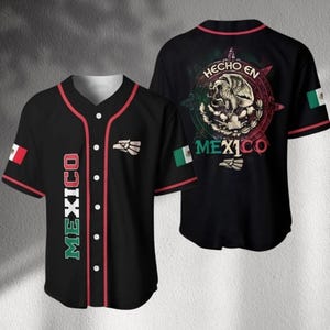 May include: Black baseball jersey with red trim and white buttons. Features the word "MEXICO" in green and red, a Mexican flag, and a stylized eagle logo. The back displays "HECHO EN MEXICO" and a Mexican emblem.