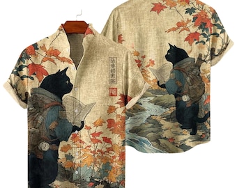 Schwarze Katze Wandern Hawaiihemd, japanischer Herbstwald Button Up, Katze Backpacker Aloha Top, Reisegeschenk für Katzenliebhaber für Männer Frauen