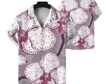 Lila Orchidee Hawaii Hemd, Grau Blumen Kurzarm Top mit Lagerkragen