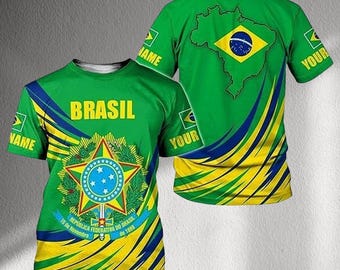 Custom Brazil Flag T Shirt, Personalized Name Brasil Soccer Fan Tee, Green Yellow National Emblem Top, Unisex World Cup Supporter Gift
