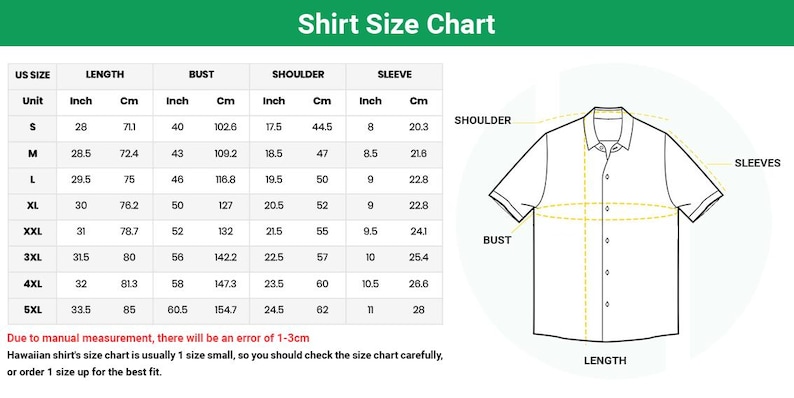 May include: Shirt size chart with measurements in inches and centimeters. Includes bust, shoulder, and sleeve dimensions for sizes S to 5XL. A diagram illustrates shirt measurements. Text advises checking the chart.