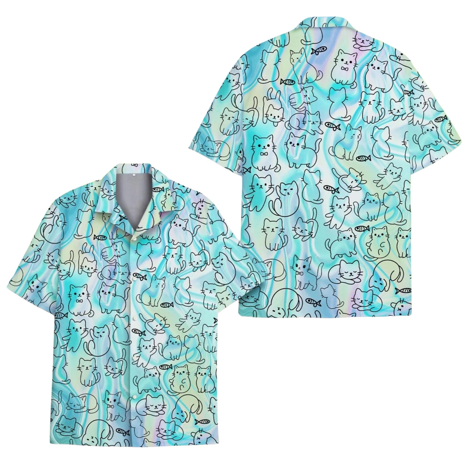 Discover Cute Cat Print Button-Up Hawaiian Shirt for Men in Pastel Blue Marble Design