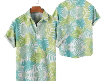 Mens Tropical Leaf Hawaiian Shirt, Pastel Green Blue Button Up, Summer Beach Vacation Aloha Camp Shirt, Resort Wear Casual Gift for Him