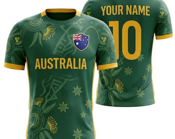 Maglia da calcio australiana personalizzabile con nome e numero per i tifosi dei Mondiali.