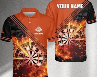 Personalized Orange Fire Darts Polo Shirt, Custom Name Dartboard Jersey, Flame Lightning Bar Game Top, Gift for Dart Players Men & Women