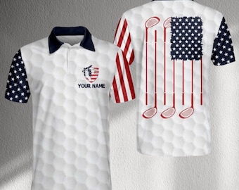 Polo de golf personalizado con bandera de EE. UU. y nombre, camiseta de golfista patriótica estadounidense, regalo de golf personalizado con estrellas y rayas para hombres y mujeres.