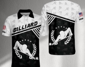 Custom Billiard Polo Shirt with Player Silhouette, Personalized Name Pool Jersey, Black White Cue Sports Top, US Flag Sleeve Shirt