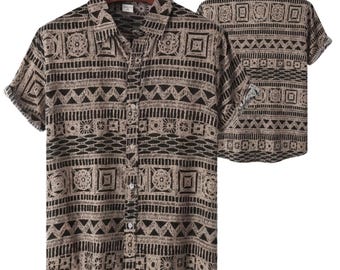 Men's Tribal Hawaiian Shirt, Black Beige Geometric Button Up Shirt, Boho Summer Beach Top, Vacation Camp Collar Shirt, Gift For Him