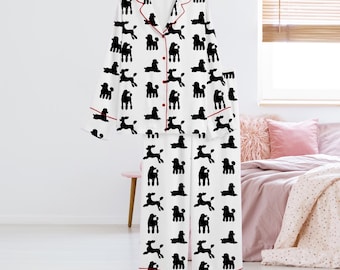 Damen Pudel Print Pyjama Set, schwarze Hunde Silhouette Button-Down-Nachtwäsche, Langarm Zweiteiler Lounge PJs, Geschenk für Hundeliebhaber, Haustier Mutter