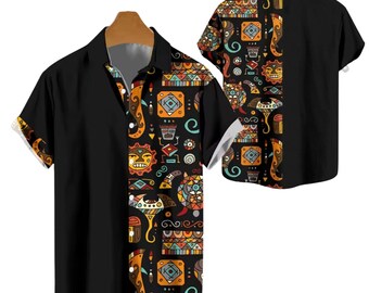 Aztec Tribal Shirt for Men, Boho Geometric Button Up, Black Southwestern Hawaiian Shirt, Vacation Festival Beachwear Gift for Him