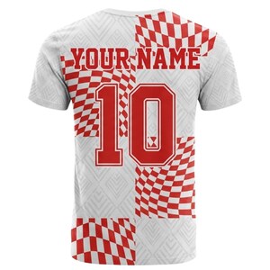 Camiseta personalizada de aficionado de Croacia con nombre y número 10, a cuadros rojos y blancos, ideal para el día del partido. imagen 3