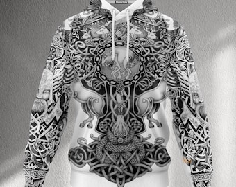 Viking Celtic Knot Hoodie, Black and White Norse Mythology Wolf Serpent All Over Print Pullover, Unisex Nordic Sweatshirt Gift for Men Women