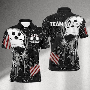 May include: Black polo shirt with a skull design, bowling pins, and the text "YOUR NAME". The shirt features a distressed American flag design and the text "TEAM NAME" on the back. The skull has a bowling ball design.