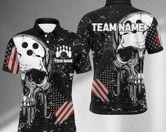 Custom Bowling Skull Polo Shirt with Name, Gothic Dripping Skull USA Flag Jersey, Personalized Team Bowling Shirt for League Players