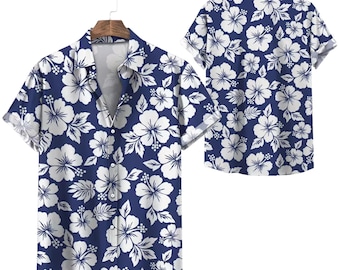 Blau-weißes Hibiskus-Hawaiihemd, tropische Blumenknöpfe, klassisches Aloha-Strandurlaubshemd, Lagerkragenhemd, Tropen-Resort-Abnutzung für Herren