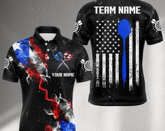 Patriotic Darts Polo Shirt, USA Flag Blue Line Dart Jersey, Custom Name and Team Name, Red White Blue Smoke Bar League Uniform Gift