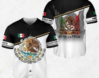 Kundenspezifisches Mexiko-Baseballtrikot - Schwarz-weißer mexikanischer Stolz Button Up, personalisierter Name und Nummer, Adlerwappen-Flaggen-Shirt, Unisex Geschenk