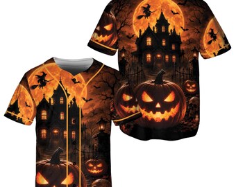 Halloween Baseball Jersey, Haunted House Pumpkin Shirt, Spooky Unisex Button Up Top