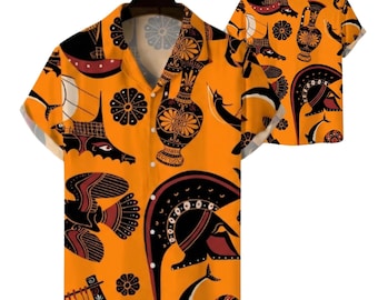 Herren griechische Mythologie Hawaii-Hemd, Orange Schwarz Antike Kunst Button Up Beach Shirt