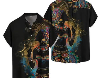 Colorful African Queen Hawaiian Shirt, Afrocentric Tribal Button Up, Black Cultural Art Summer Vacation Top, Boho Beachwear Gift for Her
