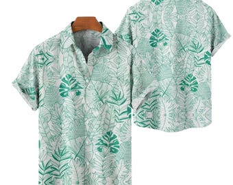 Green Tropical Leaf Hawaiian Shirt, Botanical Button Up Shirt, Summer Vacation Beach Shirt, Resort Wear Gift for Men Women Aloha Top