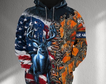 Patriotic Deer Hunting Hoodie with USA Flag & Blaze Orange Camo, 3D Buck Graphic, Personalized Name, Unisex Warm Pullover Gift for Hunters
