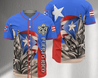 Camiseta de béisbol con la bandera de Puerto Rico, azul abotonada con ribete rojo, con estampado de rana coquí, unisex, orgullo boricua para hombres y mujeres.