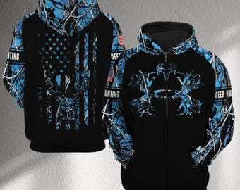 Blue Camo Deer Hunting Hoodie with USA Flag Graphic, Zip Up Sweatshirt, Hunter Gift, Hooded Jacket for Men & Women, Warm Winter Wear