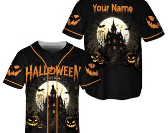 Personalized Halloween Baseball Jersey, Haunted House Pumpkin Shirt, Unisex Spooky Gift