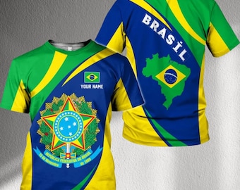 Brasilien Wappen T-Shirt, All-Over-Print Brasilien-Flaggenkarte Jersey, Benutzerdefinierter Name Unisex Fußballfan-T-Shirt, Vaterländisches brasilianisches Geschenk-Top