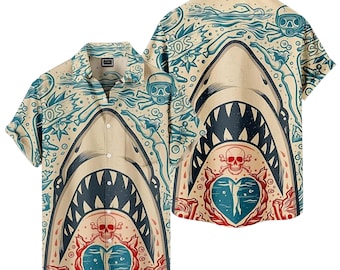 Shark Jaw Hawaiian Shirt, Vintage Tattoo Beach Button Up, Scuba Ocean Graphic Aloha Shirt, Unisex Summer Vacation Top for Beach Lovers
