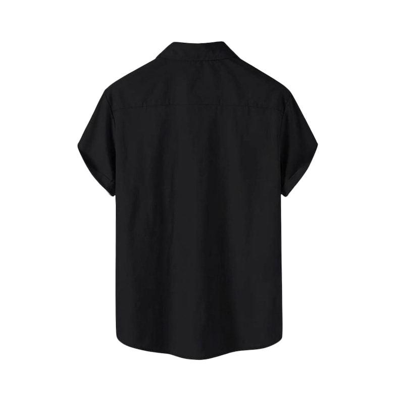 May include: Back view of a black short-sleeved shirt. The shirt has a classic collar and a button-down front. The fabric appears to be a solid, opaque material. The sleeves are short and the overall design is simple and versatile.