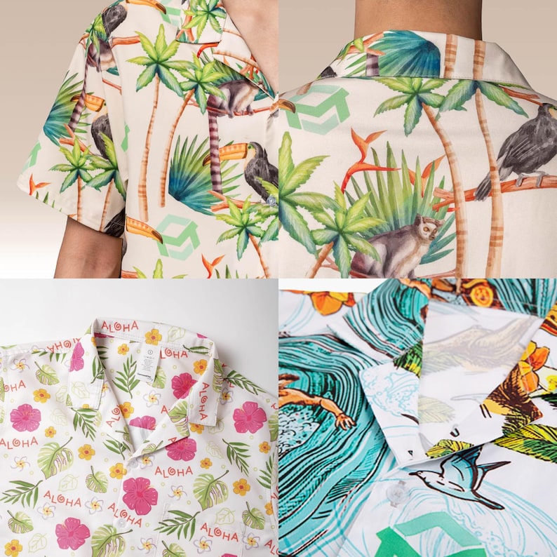 May include: A collection of short-sleeved shirts with tropical patterns. One shirt features a cream background with toucans, lemurs, and palm trees. Another has a white background with pink hibiscus flowers and the word "Aloha". The third shirt has a blue wave design.