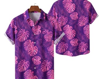 Purple Tropical Leaf Hawaiian Shirt for Men, Pink Monstera Button Up, Summer Beach Vacation Resort Wear, Cruise Camp Shirt for Him