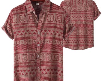 Red Tribal Hawaiian Shirt Men, Aztec Geometric Button Up Shirt, Beige Aloha Shirt, Short Sleeve Summer Beach Vacation Gift for Him