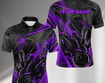 Custom Purple Black Bowling Jersey Polo with Name & Team, Personalized League Shirt, Unisex Performance Top for Bowlers - Teams Outfit