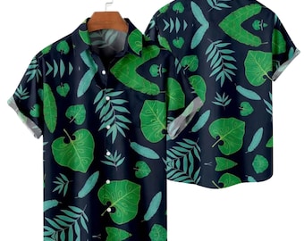 Navy Tropical Leaf Shirt for Men, Hawaiian Button Up, Monstera Palm Print Beach Vacation Resort Shirt, Summer Casual Gift for Him