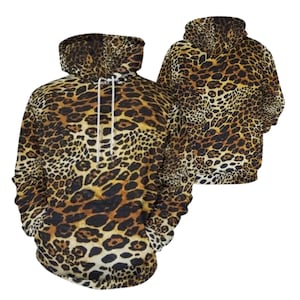 Hoodie met luipaardprint en dierenprint over de hele trui, unisex model, heren en dames.