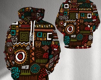 Abstract Tribal Pattern Hoodie – Unisex All Over Print Boho Geometric Graphic Pullover in Earth Tones, Festival Streetwear Art Sweatshirt